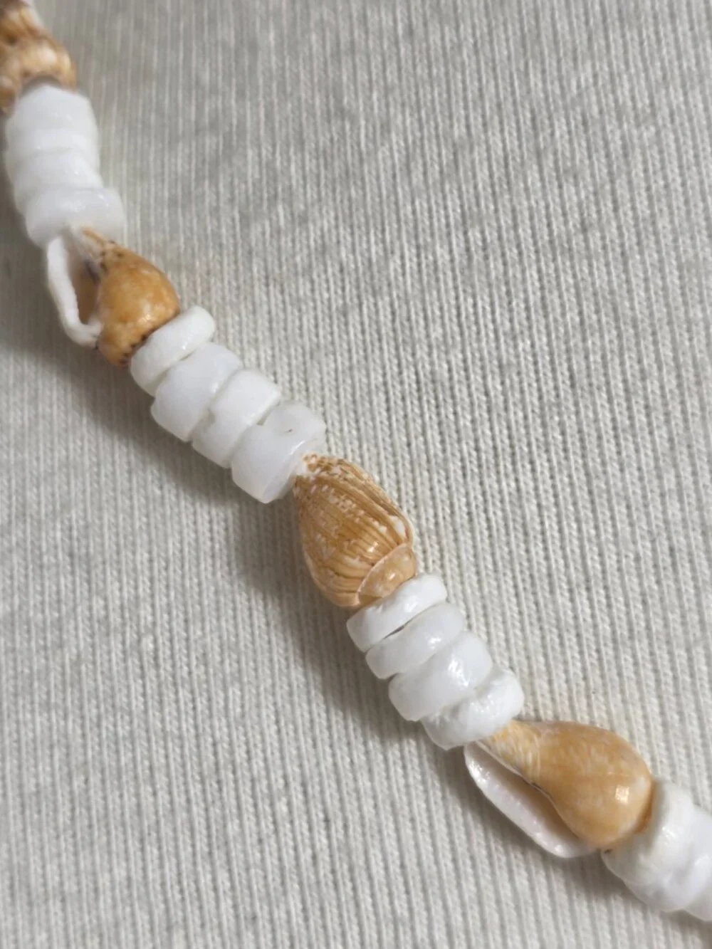 Bohemian-Style Necklace White Heishi Beads with Small Tan Seashell Spacers